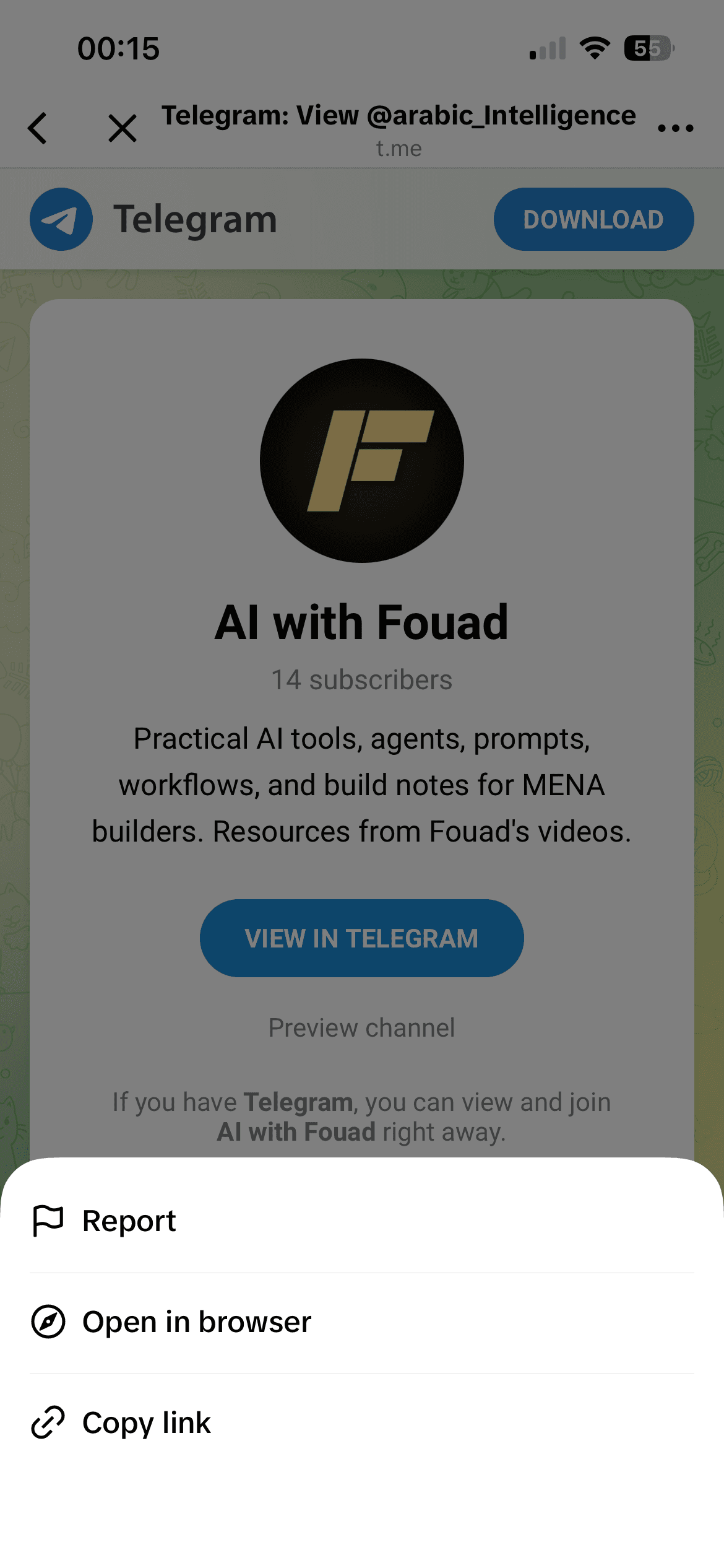 TikTok's menu showing the Open in browser option for opening the Telegram channel